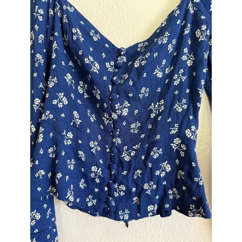 Reformation Nell Blue White Floral Puff Sleeve Fitted Blouse Size 4